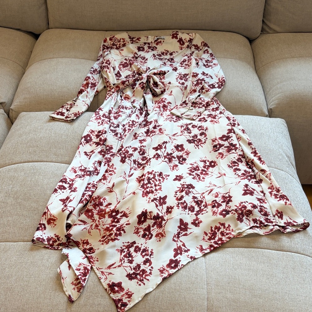Floral Wrap Dress in Cream and Burgundy